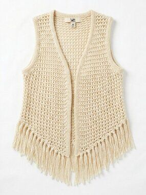 YA LOS ANGELES Crochet Fringe Vest Cream Boho Coastal Grandmother Western Medium